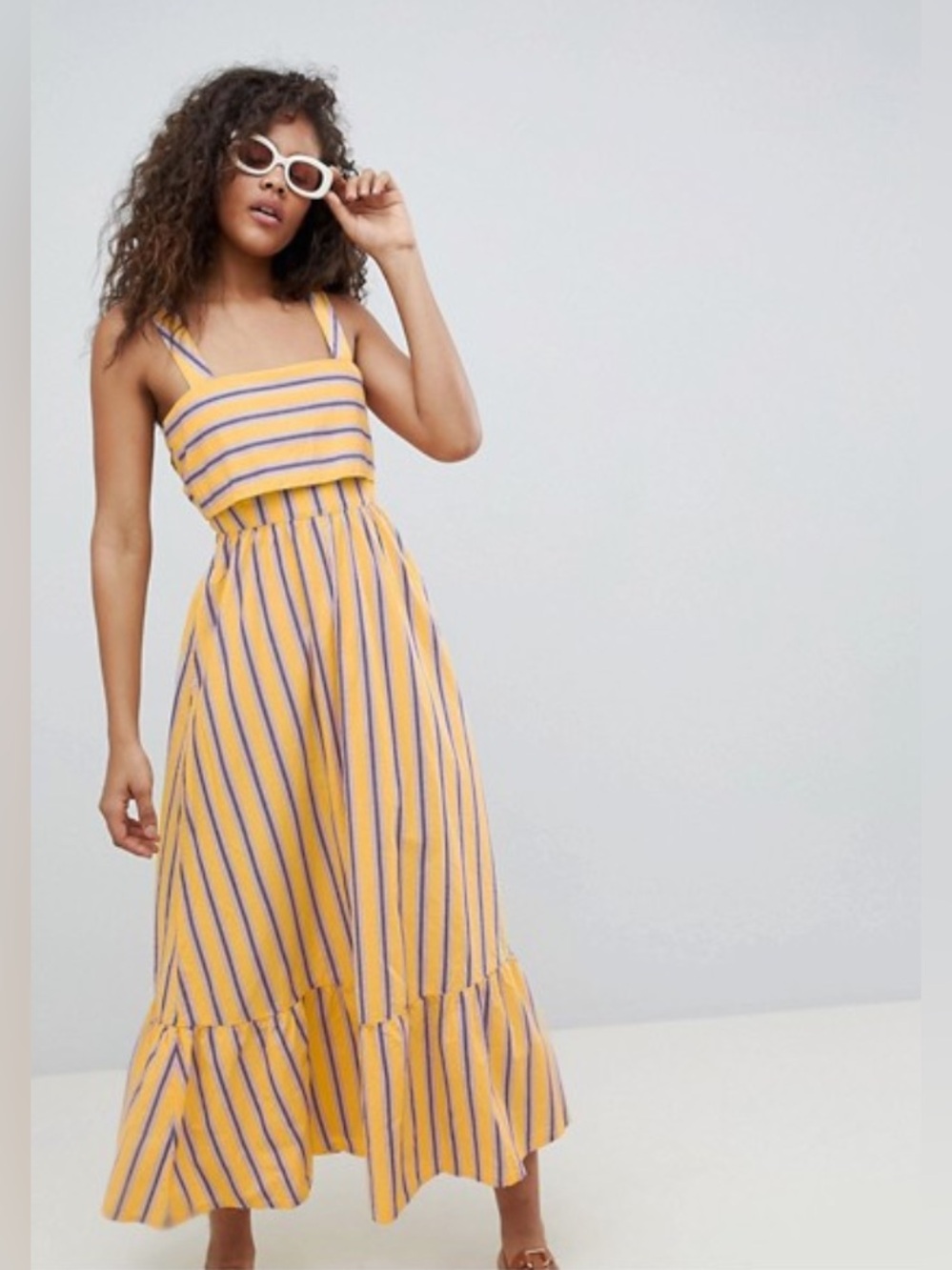 ASOS Women's Design Stripe Crop Top Maxi Dress With Pephem Yellow Blue Size 0